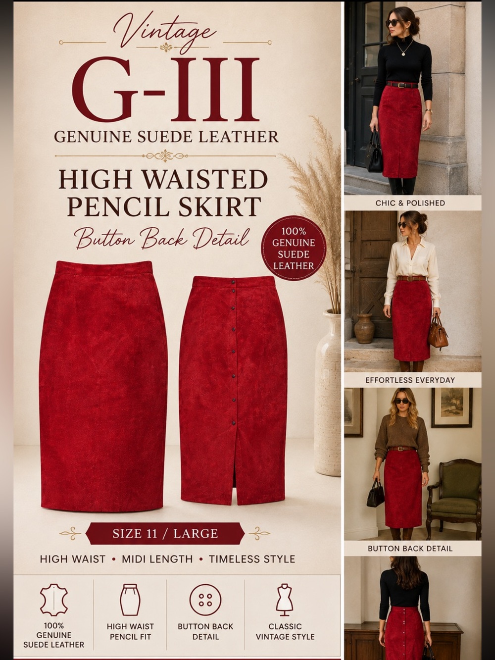 Vintage G-III Cherry Red Suede Leather Midi Pencil Skirt High Waist Size 11